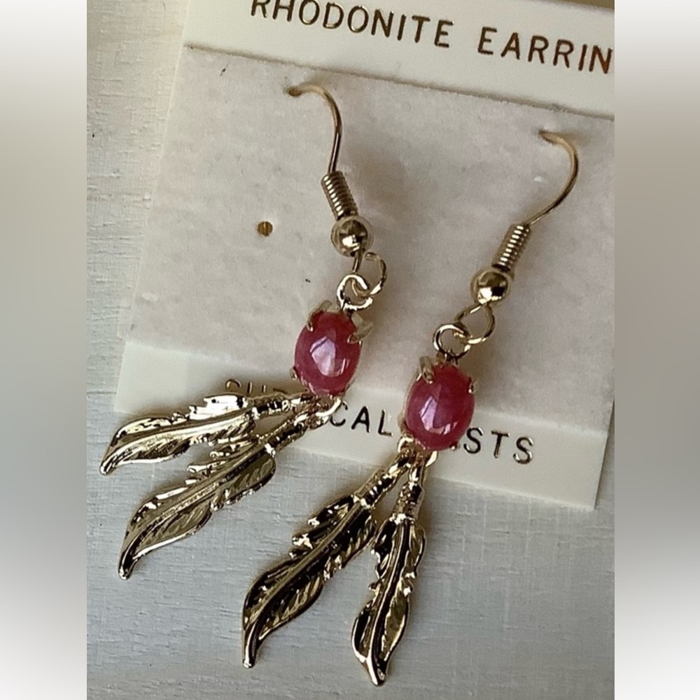 New vintage Rhodonite feathers earrings
